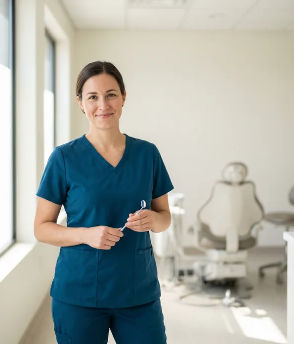 Welcoming family dentist in teal scrubs