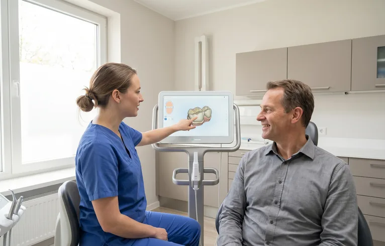 Dentist and patient talking about restoring a damaged tooth