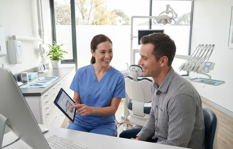 Patient receiving calm reassurance after emergency dental treatment planning