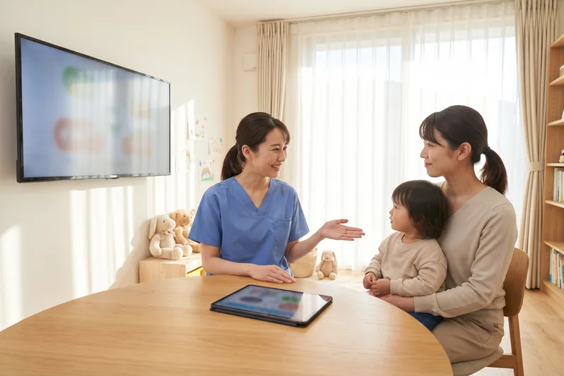 Provider talking with a parent and child about preventive care