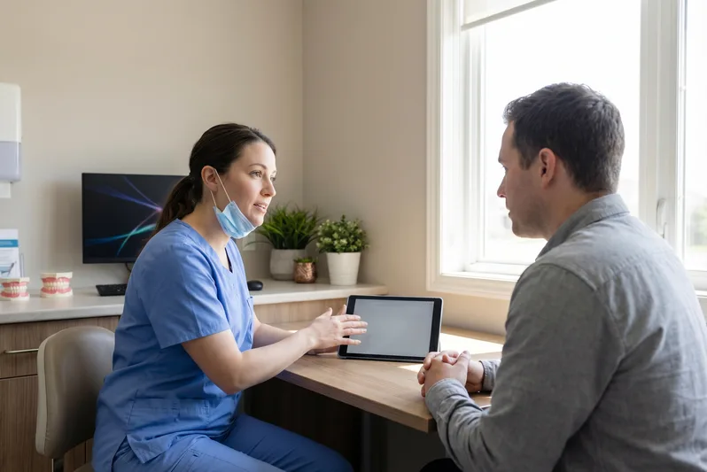 Dentist explaining emergency dental findings and next steps to a patient