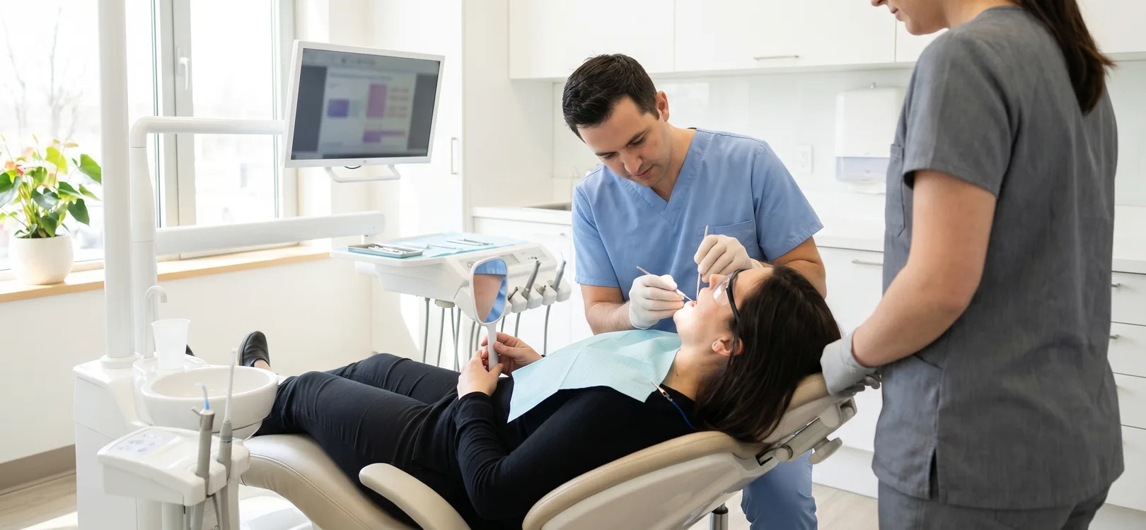 Dentist performing a routine general dentistry exam